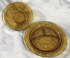 Tiara 2 piece Amber Glass, Mother Goose Nursery Rhyme Child Set - Plate and Bowl
