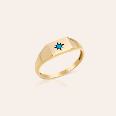 Stern Siegelring in 14K massiv Gold, echter Türkis Ring für Sie, Ringgröße 7
