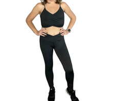 Women Black Wrap Crop Top and Leggings Sportswear Yoga Workout Set 2 Piece