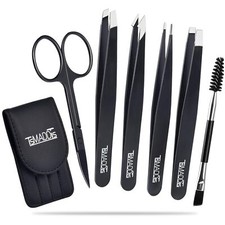 6 Pack Stainless Steel Tweezers Set with Curved Scissors, Travel Case
