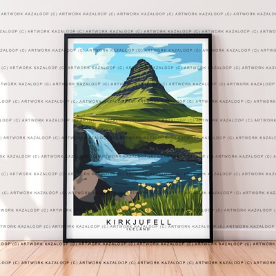 Kirkjufell Island Druck ungerahmt Wasserfall Szene Natur Landschaft Illustration