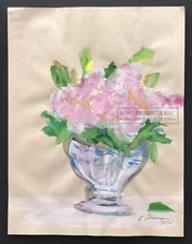 Pink Flowers in White Blue Vase 2020 C Peterson * Watercolor Painting on Paper