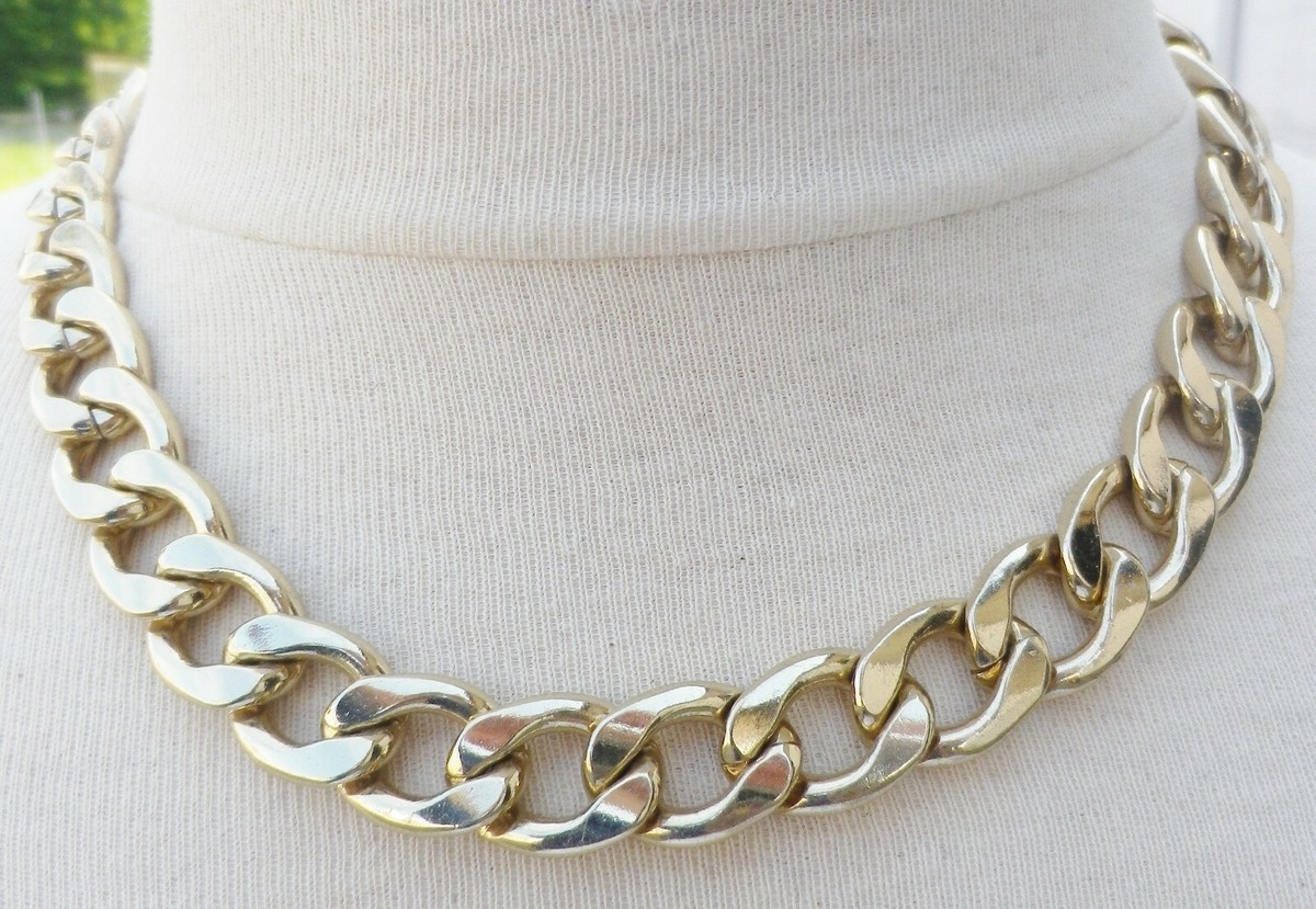 Collier Chaîne Maille Plate Gravée Or Rhodié - Modèle Rétro - Occasion Bon État