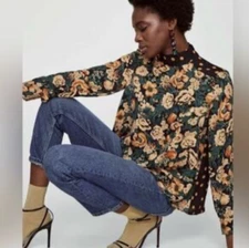 Zara Woman S Black Floral  Mock Neck Blouse Casual Smart Career Work EXCELLENT