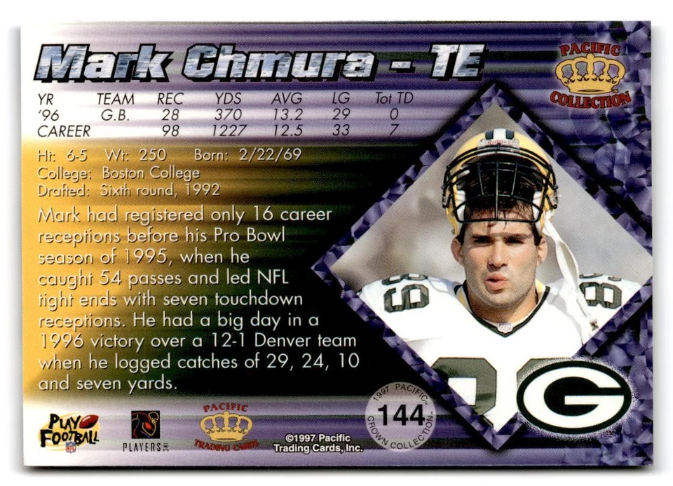 1997 Pacific Crown Collection #144 Mark Chmura - Image 2 of 2