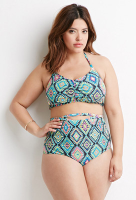 Forever 21 Plus Tribal Print Lace-Up High Waisted Bikini Set Swim 3X