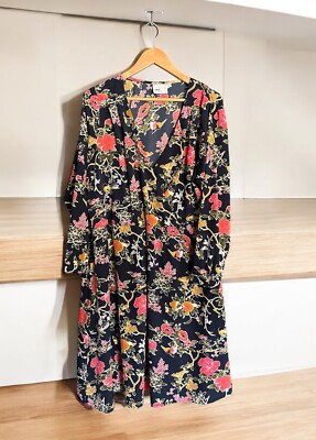 Asos Curve Floral Midi Dress Casual Women's Size 16 Blue Pink Long Sleeve |  eBay