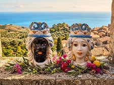 Coppia teste di moro piccola blu in ceramica siciliana di Caltagirone 15 cm