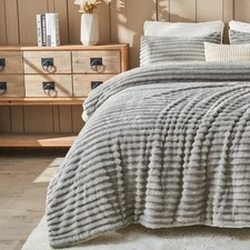 Fluffy Comforter Set - Soft Flannel Faux Fur Comforter Winter Queen Light Gray