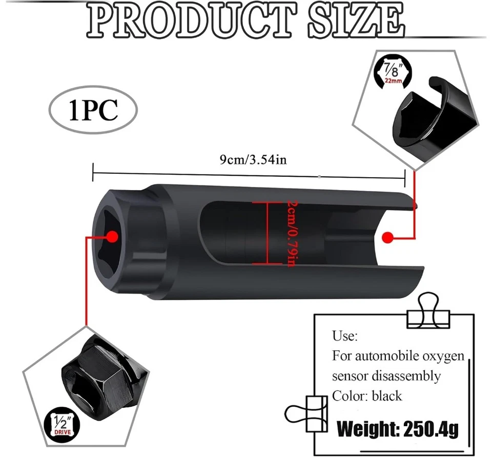 Oxygen Sensor Socket With Side Wire Cutout 1/2In Drive Removal Install Tool 7/8" - Image 2 of 4
