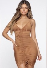 Fashion Nova Brown Asymmetrical Ruched Mini Dress Size S
