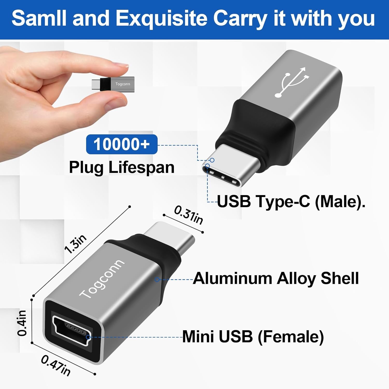 Mini USB to C Adapter 2 Pack, 2 C (Male) (Female) 