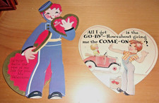 VINTAGE 2 VALENTINE CARDS 30s 40s CARRINGTON COMPANY BELL HOP JALOPY GIRL BOY