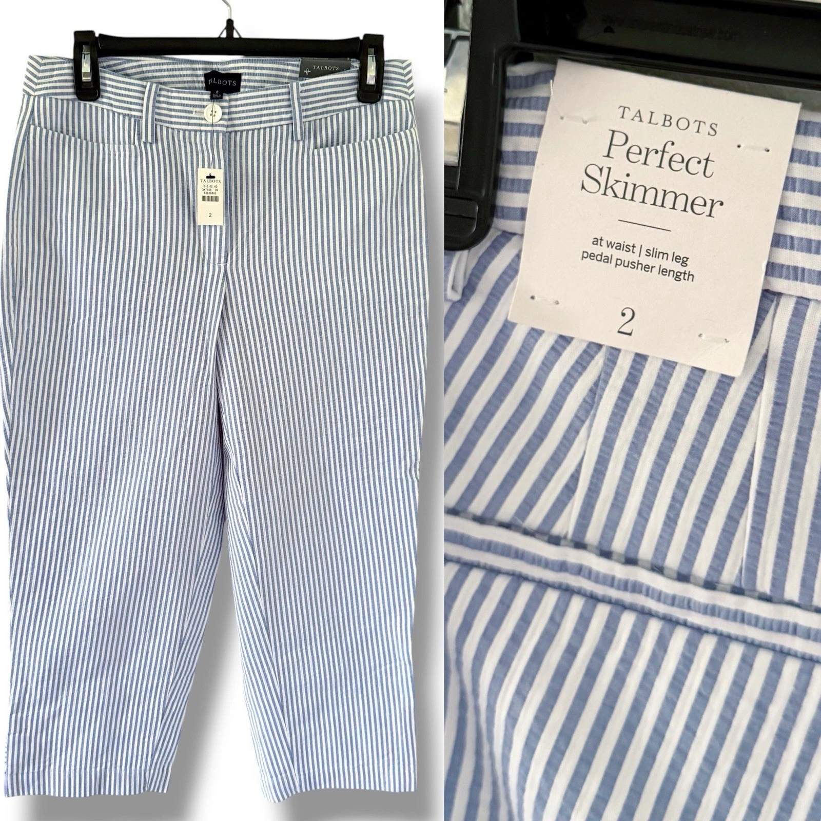 NEW Women's Talbots Seersucker Perfect Skimmer Capri Pants White Blue Stripe NWT