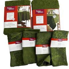 NEW Better Homes Gardens 2 Tablecloth Lot 10 Napkins Round Oblo Jacquard Green