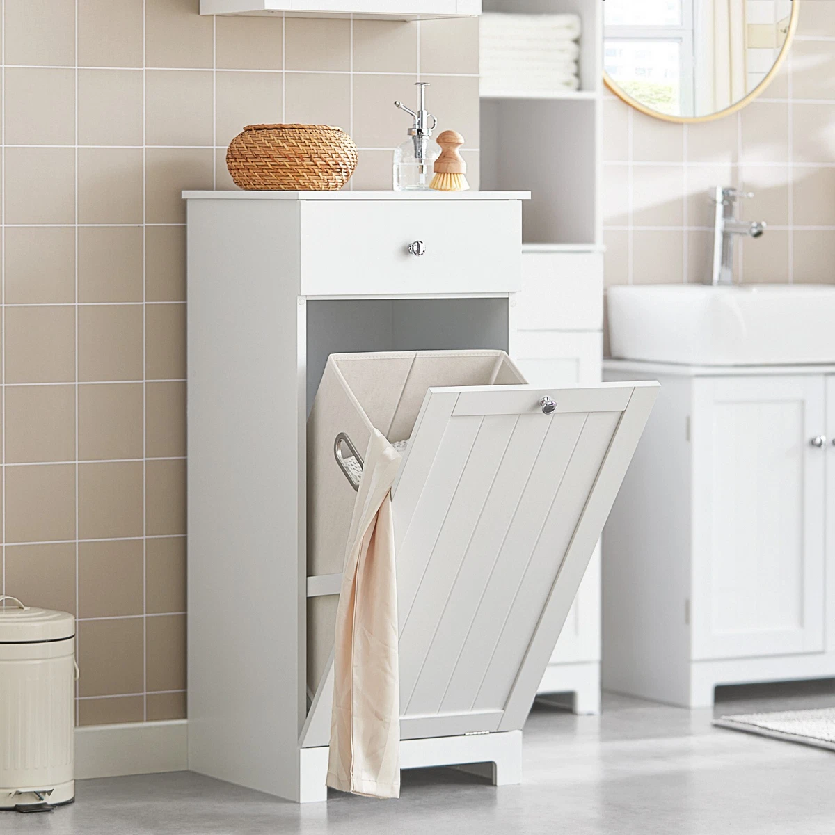 Tilt out laundry hamper outlet