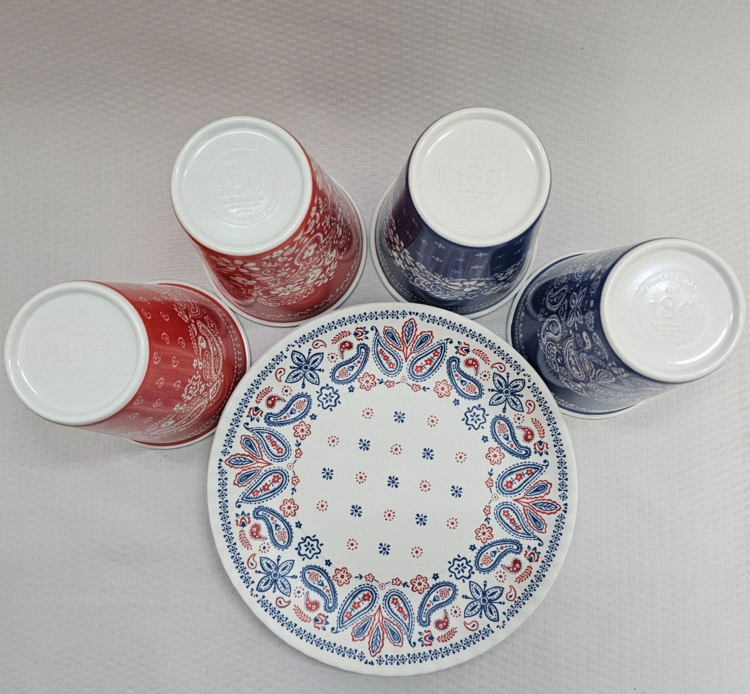 180° Tumblers & Dessert Plates Bandana Pattern Melamine Set of 8 Blue & Red