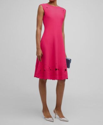 Carolina Herrera Women's Pink Knit Flare Floral Embroidery A-Line Dress Size L