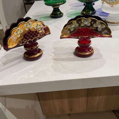 Czech Vintage Bohemian Glass (2)Napkin Holders24K Gold Hand Painted Burgundy Red