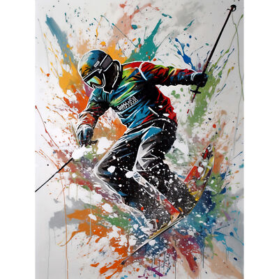 Skifahrer Skifahren bunte Farbe Splat Action Shot Leinwand Poster Druck Wandbild