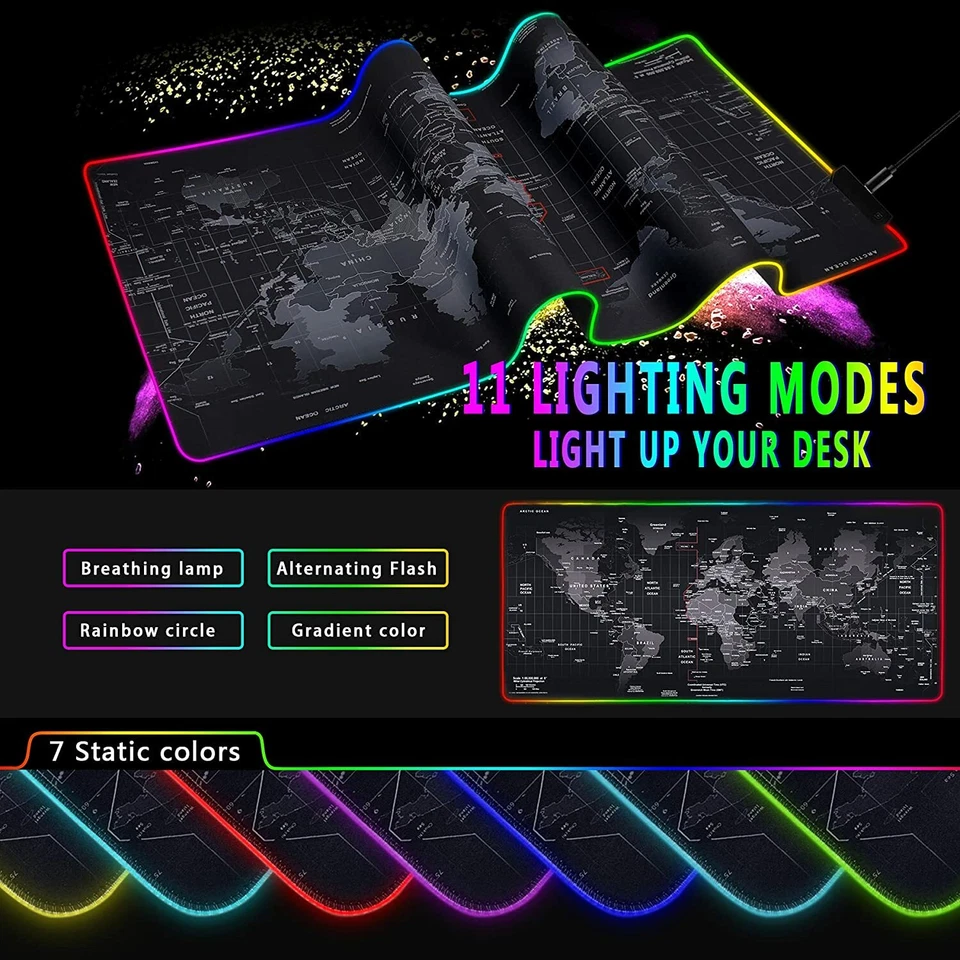 RGB LED Gaming Mouse Soft Pad Extra Large Oversized Glowing World Map 31.5X12'' - Image 4 of 4