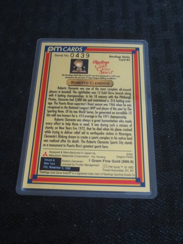 Tarjetas PM 1992 metales preciosos 999,9 1 gramo oro fino Roberto Clemente piratas patio - Imagen 2 de 4