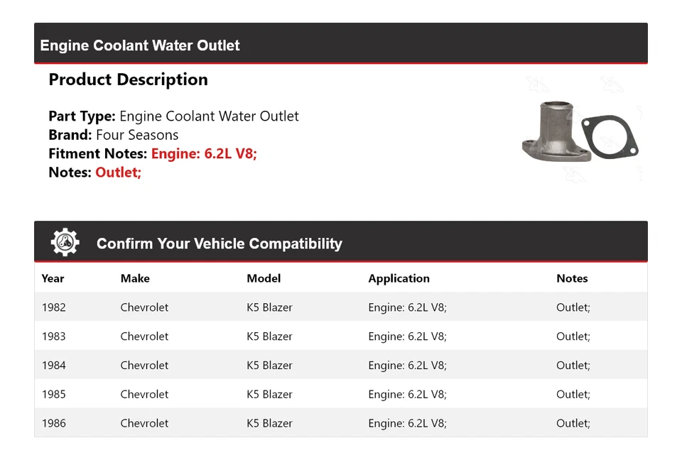Chevrolet K5 Blazer 1982-1986 motor V8 6,2 L salida de agua refrigerante 4 estaciones Foto 2 de 4