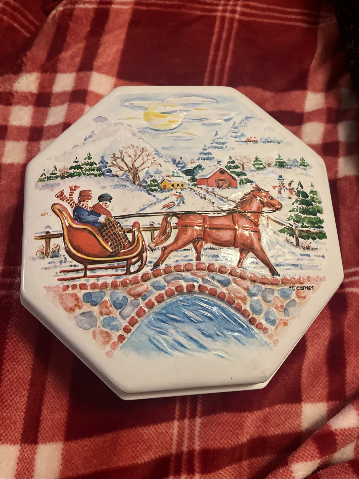 Vintage Christmas Box Hard Plastic Cookie Container Ullman Octagon