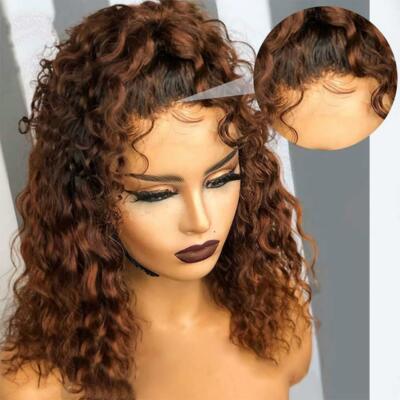 Brown Kinky Curly Lace Front Wig Human Hair T Part Pre Plucked 14''