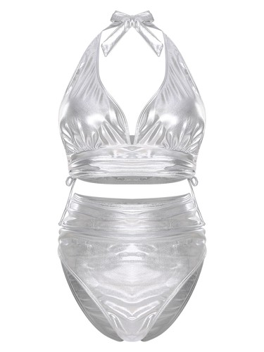 Damen Top Mit String Training Bikini Tiefer V-Ausschnitt Badeanzug Party Leder - Bild 12 von 16
