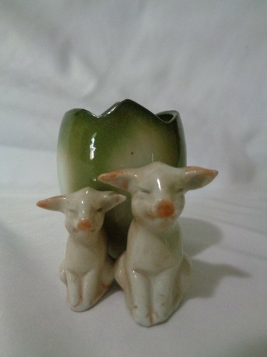 Royal Bayreuth PreWar Germany Green Fairing Pink Pigs Egg Toothpick Holder - Picture 3 of 12
