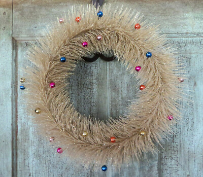 Vintage Style Spring / Easter Bottle Brush Wreath w Multi Color Ornaments 14''