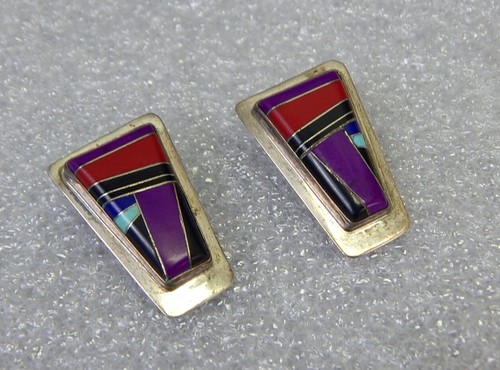 Signed Native American Zuni sterling silver chunky stone earrings 12g Sun West - 第 1/4 張圖片