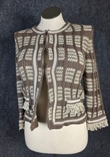 Chicos Brown  Cream Open Front Knit Cardigan Jacket Size 1 With Fringe Trim Det