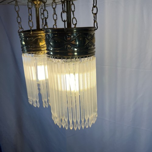 Jugendstil Deckenlampe antik Messing Glasstäbchen Glasröhrchen Lampe 2 flammig - Bild 16 von 24
