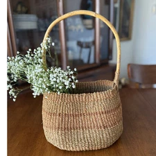 Vintage Woven Straw Basket with Large Handle | Boho Farmhouse Market Tote  