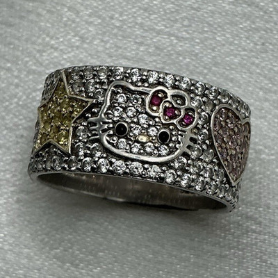 Sanrio Hello Kitty 925 Sterling Silver Pavé CZ Wide Band Ring, Size 8