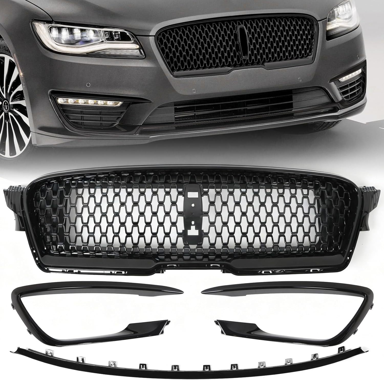 Front Upper Bumper Grille & Lower Trim Molding & Fog Light Trims for Lincoln MKZ