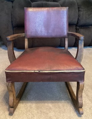 Antique Child s Miniature Old Rocking Chair Leather Great Condition