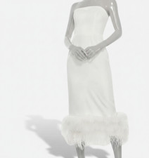 Mac Duggal Women's White Strapless Column Dress with Feather Trim Size 14