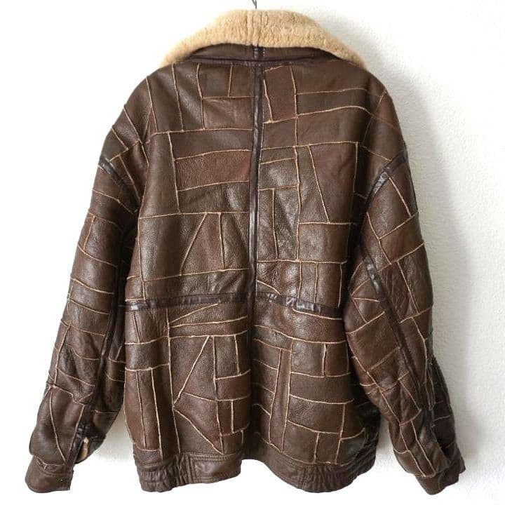 Real Shearling Patchwork Leather Jacket Brown XL … - image 2