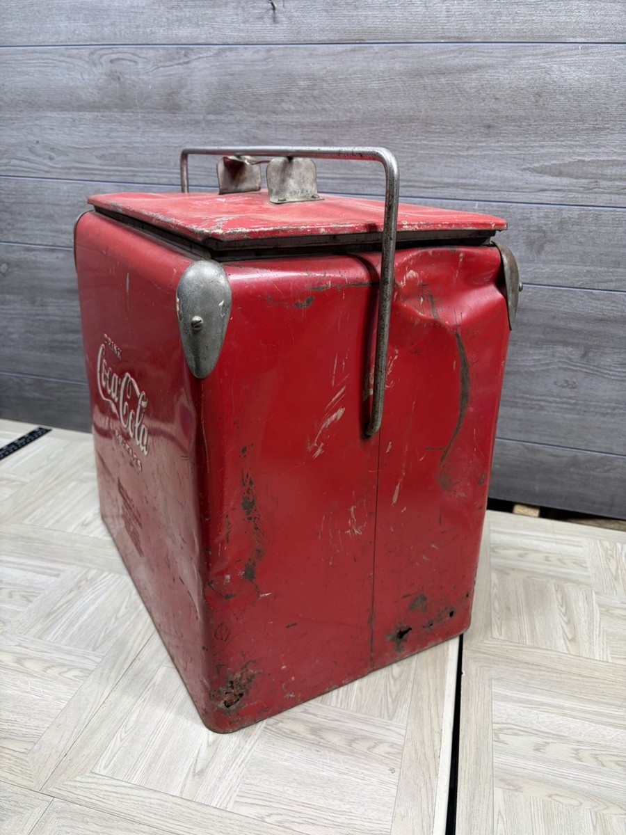 Drink Red Coca Cola Cooler Icebox Metal Action Mfg 1950's USA Made