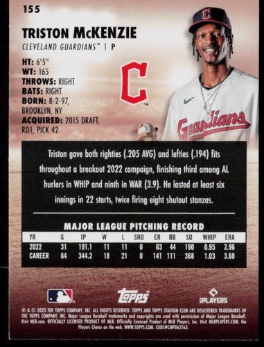 TRISTON MCKENZIE 2023 STADIUM CLUB CLEVELAND GUARDIANS #155 - Picture 2 of 2
