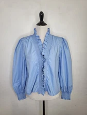 LOVE THE LABEL Zuri Ruffle Trim Shirt Women Large LSCotton Button Up Blue