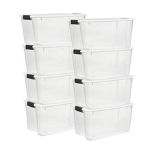 Sterilite 70 Qt Clear Plastic Stackable Storage Bin w/ White Latch Lid, 8 Pack