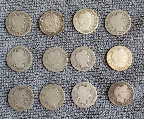 Lot of 12 circulated Barber Dimes - various date/mintmarks