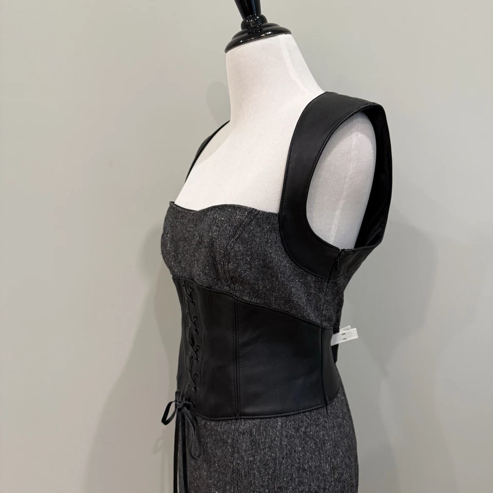 Vestido Lápiz Bebe Vintage Y2K Cuero Real Corsé Lana Midi Gris Tweed Talla 8 Foto 4 de 4