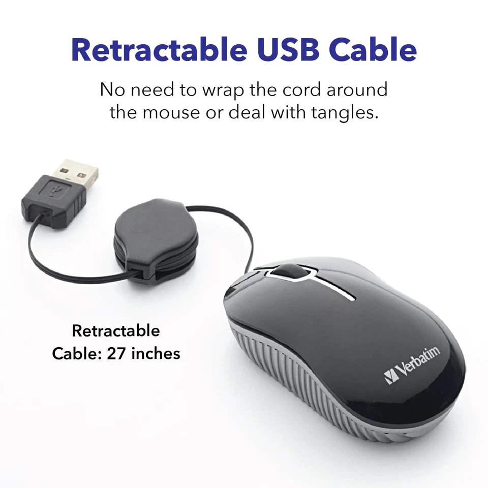 Verbatim Optical Travel Mouse Mini USB Portable Corded for Windows Mac Linux - Image 4 of 4