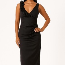 Betsy & Adam Vintage Ruffle One Shoulder Black Satin Midi Plunge V Dress 12 / L