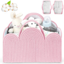 Pink Cotton Diaper Caddy Organizer with Handle   Portable Nursery Basket